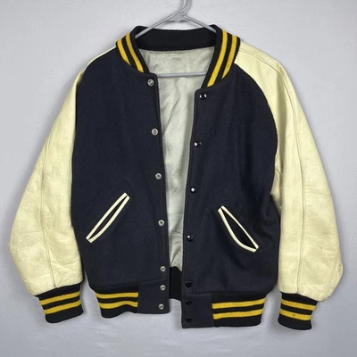 Vintage 50s Lasley Knitting Letterman Jacket Varsity Men’s 38 Blue Gold Leather - Image 1 of 4