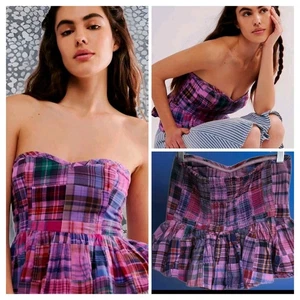Free People Madeira XS corsetto senza spalline top a quadri con volant rosa combinato nuovo senza etichette $148 - Foto 1 di 8