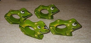4 Vintage Wooden Toad Frog Napkin Rings Bright Green Yellow Flowers SRI LANKA - Picture 1 of 3