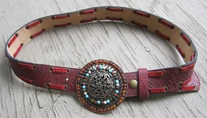 VINTAGE LEATHEROCK USA RED BELT ROUND BUCKLE WITH GEMSTONES SIZE MEDIUM, 2224 - Picture 1 of 18