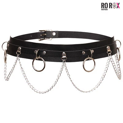 Women's Gothic O-Ring Silver Chain Belt - Ladies Punk Faux Leather Buckle Belts - Image 1 of 4