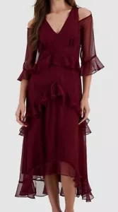 Tahari ASL Women's Red Ruffled V-Neck 3/4 Sleeve Cold Shoulder Dress Size 10 - Picture 1 of 3