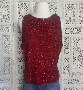 Laurence Kazaar Bluse 100% Seide rot komplett Pailletten ärmellos Fairy Glam Gr. XL - Bild 1 von 6