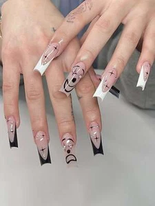 24pcs Long Square Black And White French Smily Face Fake Nail False Nails Press - Picture 1 of 6