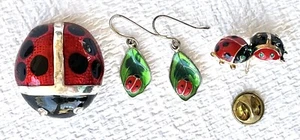 Ladybug jewelry lot, 4 Pieces, Earrings, lapel pin w/green Rhinestones, Pendant - Picture 1 of 12
