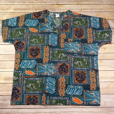 UA Chef Shirt Medium Tropical Hawaiian Pullover Green Orange Leaves Tiki Hut - Image 1 of 4