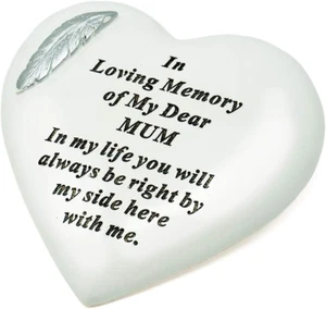 MEMORIAL MUM SILVER FEATHER HEART STONE PLAQUE GRAVESIDE FUNERAL CEMETERY - Picture 1 of 12