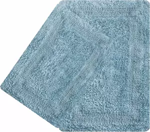 2 Piece Cotton Bath Mat Set - Spa Blue, Super Soft Rversible Absorbent, Machine - Picture 1 of 12