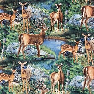 Deer in Cradle Rock Scenic Animal Sewing Cotton Fabric 1/2 YD