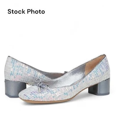 Zapatos de salón Franco Sarto Natalia plateados azules lentejuelas lazo tacón bloque Wms 5/juventud 3,5 nuevos en caja Foto 1 de 4