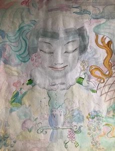 [Geneviève de La Fabrègue] — Femme aux yeux clos aux oiseaux — aquarelle/papier. - Imagen 1 de 3