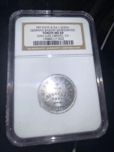 California Trade Token - German Bakery, San Luis Obispo, MS60 NGC, Glass of Soda - Picture 1 of 2