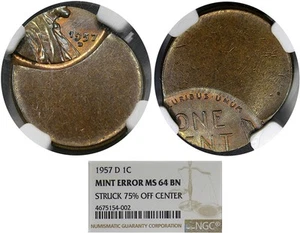 1957-D 1C NGC MS64BN 75% OFF CENTER LINCOLN WHEAT ~ SCARCE MINT ERROR! - Picture 1 of 5