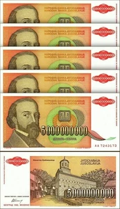 Yugoslavia 5000000000 5,000,000,000 5 Billion Dinara 1993, UNC, 5 Pcs LOT, P-135 - Picture 1 of 4