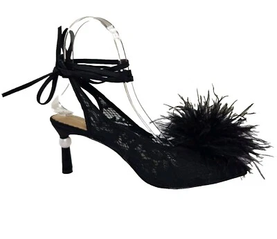  Antonio Melani Womens Size 6.5 Claire Ostrich Feathers Pom Ankle Wrap Pumps 303 - Image 1 of 4