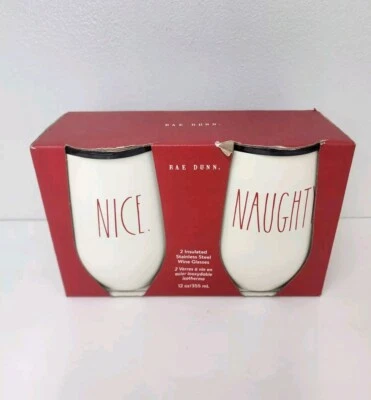 Rae Dunn NAUGHTY NICE Christmas Insulated Wine Glass Tumbler Set Of 2 NEW  - Image 1 of 4