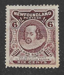 CANADA - NEWFOUNDLAND 1910, 6c, Sir Francis Bacon. SG 100a. Cat £38. M Mint - Picture 1 of 2