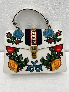Gucci Medium Sylvie Embroidered Floral Detail Top Handle Bag - Picture 1 of 9