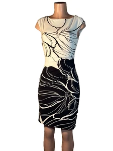 Lauren Ralph Lauren Sz. 2 Black White Floral Bodycon Elegant Dress Side Gathered - Picture 1 of 9