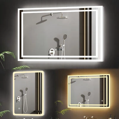 Badspiegel LED Beleuchtung 80x60 100x60 50x70 UHR Touch Bad spiegel Wandspiegel  - Bild 1 von 4