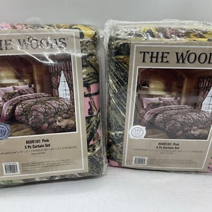 Camouflage Curtains 84" Pink Green 5 Piece Set Drapery Lot Of 2 - Picture 1 of 5