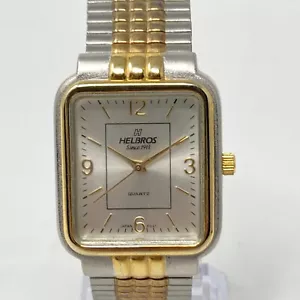 Helbros Tank Watch Men 30 mm Silver Gold Two Tone Stretch Band New Battery 7.25" - Picture 1 of 14