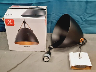 Globe Electric 1 灯吊坠哑光黑色,人造皮革表带,黑色文胸 *阅读* — 第 1/4 张图片