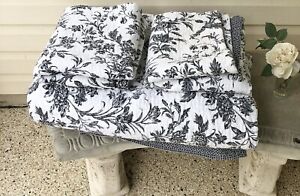 Laura Ashley AMBERLEY Black White Floral French Toile Queen Quilt Bedspread SET