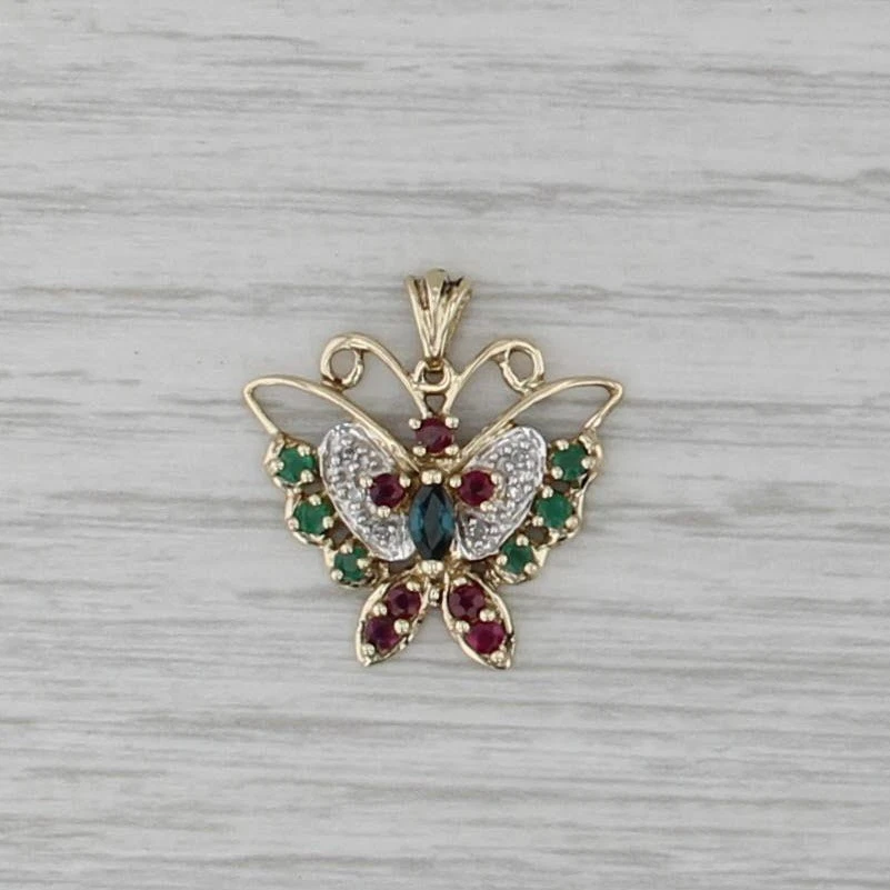 0.78ctw Gemstone Butterfly Pendant 10k Gold Ruby Emerald Sapphire Diamond - Image 1 of 4