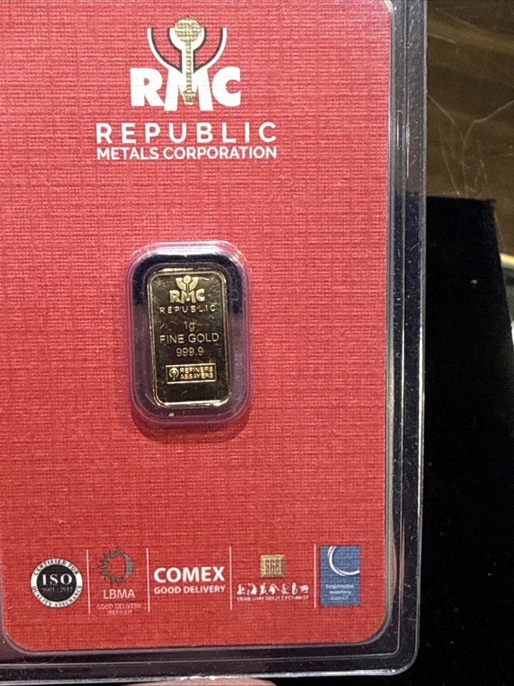 Barra de oro fino de 1 gramo RMC Republic Metals Corporation 999,9 sellada en ensayo Foto 1 de 4