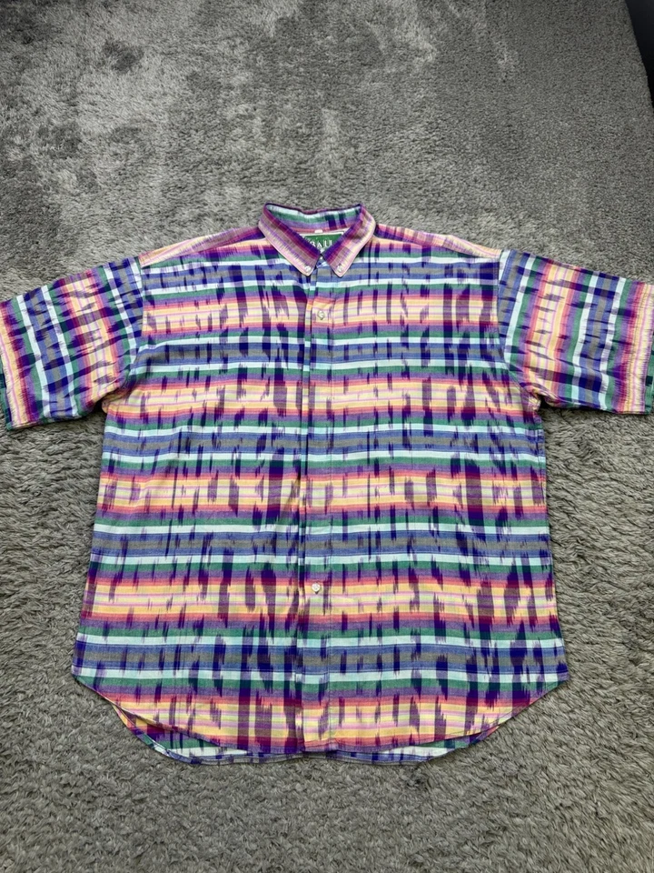 Vtg Kuta Bali Shirt Men Large Pastel Watercolor Linen Striped Button Down 70s - Image 1 of 4