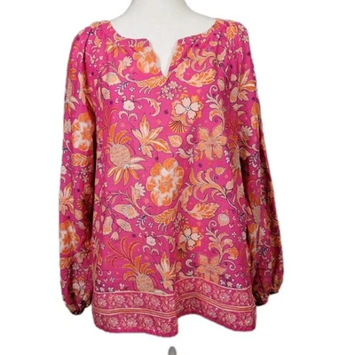 Talbots Petite Large Womens Tunic Top Pink Colorful Cotton Split V-Neck  - Image 1 of 4