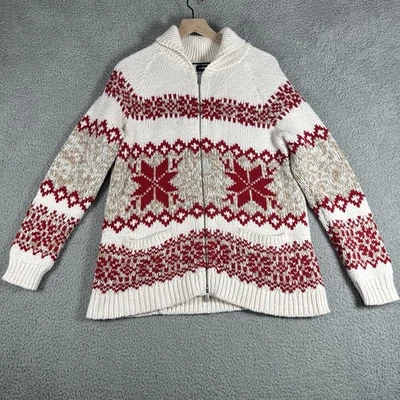 Lands End Sweater Womens L Cardigan Fair Isle Nordic Full Zip Red Snowflake - Image 1 of 4