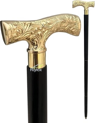 Antique Brass Walking Stick Deluxe Walking Cane Beautiful Brass Golden Handle - Image 1 of 4