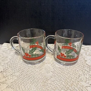 Libbey Glass Co Mugs Holly and Berry Christmas glass Set of Two Red Green - Picture 1 of 7