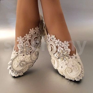 Su.cheny Perlas Marfil Blanco Estrás Encaje Plano Zapatos de Boda Talla 5-13 - Imagen 1 de 14