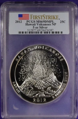 2012 HAWAII VOLCANOES NP -ATB FIRST STRIKE 5OZ SILVER PCGS MS69 COIN. - Image 1 of 4