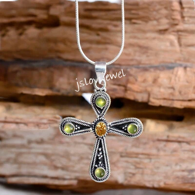 Peridot & Citrin Topas Edelstein 925 Sterling Silber Damen Kreuz Anhänger / R... - Bild 1 von 4