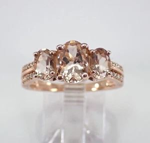 Rose Gold Morganite and Diamond Three Stone Engagement Ring Past Present Future - Picture 1 of 7