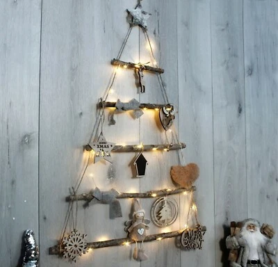 Christmas Hanging Wooden Tree 82cm Rope Ladder  LED's & Decor Rustic DIY - Image 1 of 4