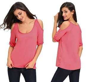 Ladies Rosy Scoop Neck Cold Shoulder Over-sized Top Blouse t-shirt size 8-10-12 - Picture 1 of 5