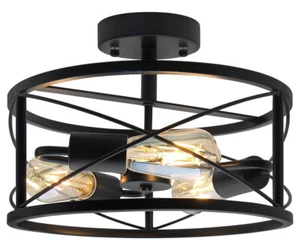 Black Metal Drum Shade Round Flush Mount Industrial 3 Way Ceiling Light H3023 - Picture 1 of 10