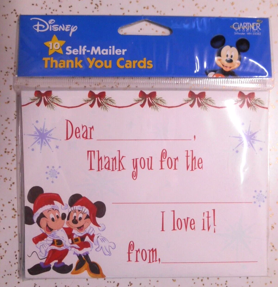 10 Disney Christmas MICKEY & MINNIE MOUSE Fold-over w/Seals Notecards THANK YOU - Image 1 of 4