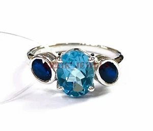 Natural Blue Topaz & Heated Sapphire With 925 Sterling Silver Women Ring #3830 - Picture 1 of 4