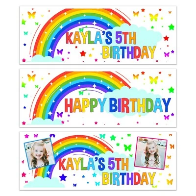 BANNERS DE CUMPLEAÑOS ARCO IRIS PERSONALIZADOS NOMBRE FOTO DECORACIÓN DE PARED CUALQUIER EDAD Foto 1 de 4