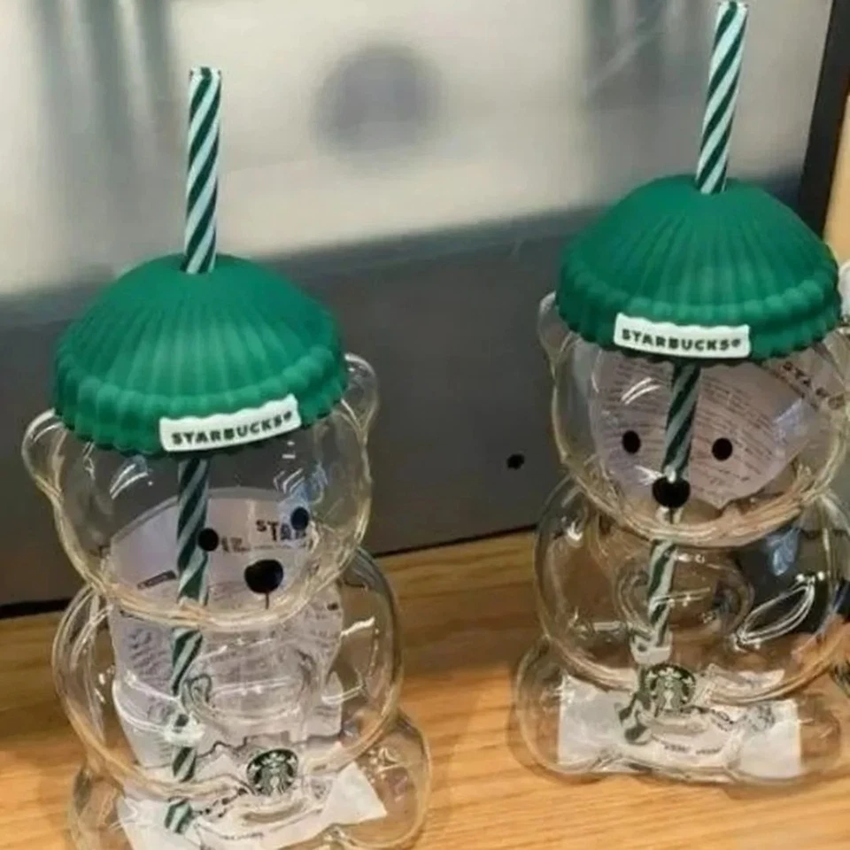 Starbucks* Cartoon Barista Bear Shaped Coffee Mug Glass With Straw Holiday Cup