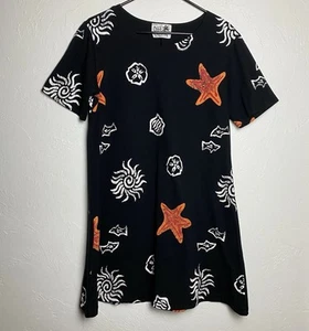 Vintage Copa Cabana Dress Sz Large Black Starfish Sea Star Sand Dollar Fish USA - Picture 1 of 5