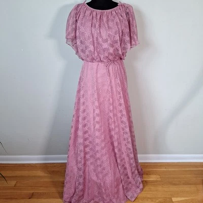 Maxi Vestido Formal de Dama de honor de Encaje Rosa Malva Años 70 De Colección Mujeres Talla Mediana Boho Foto 1 de 4