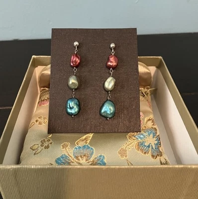 Honora 珍珠吊坠耳环蓝色红色/粉红色绿色纯银背衬 — 第 1/4 张图片