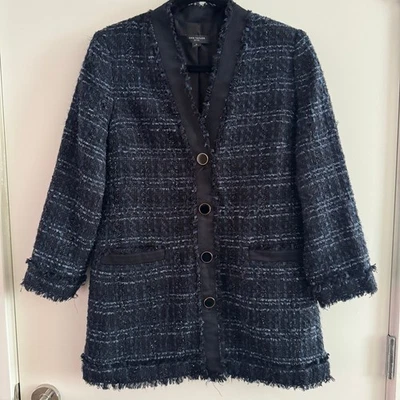 Ann Taylor Tweed Jacket Blazer Blue Black Fringe Button Front Long Sleeve Sz 6P - Image 1 of 4